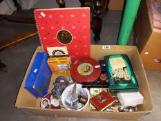 A box of miscellaneous including arrow head, coin tins, Royal Copenhagen dog ( chip to the ear) etc