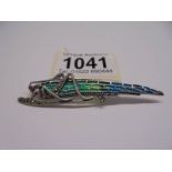 A ruby, pyrate and plique-a-jour enamel brooch designed as a grasshopper, stamped 925, length 7.2 cm