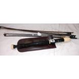 A Gebr hug violin bow and 2 unnamed and a Au105 recorder with case