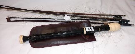 A Gebr hug violin bow and 2 unnamed and a Au105 recorder with case