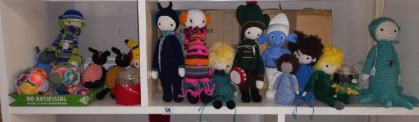 A selection of knitted soft toys, Aliens, Smurfs etc
