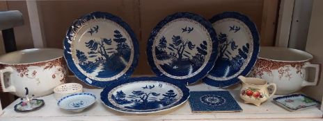 4 blue and white real old willow plates, etc including Wedgewood peaches jug.