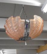 An art deco chrome and pink glass triple clam lampshade. COLLECT ONLY.