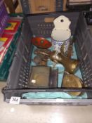 A mixed lot of metal ware & enamel ware including carriage light etc.