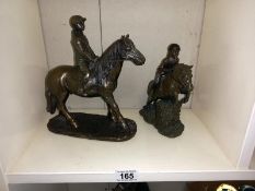 2 resin horse and rider figures, 1 silvered, 1 bronzed