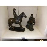 2 resin horse and rider figures, 1 silvered, 1 bronzed