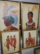 Four oil on board Kenya related paintings by Bray including 2 fine portraits of male & female Masai.