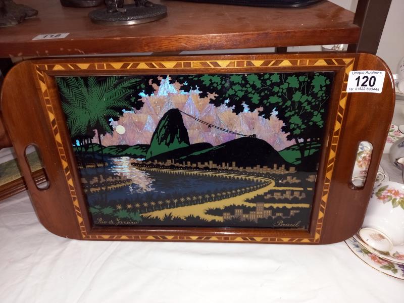 A Rio De Janeiro pictural inlaid wooden tray