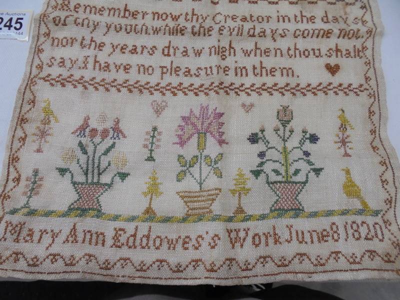 A 19th century sampler by Mary Anne Eddowes, June 8 1820. - Image 4 of 4