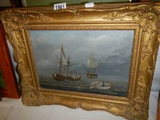 A gilt framed Victorian oil on canvas seascape with galleons and lifeboat, COLLECT ONLY.
