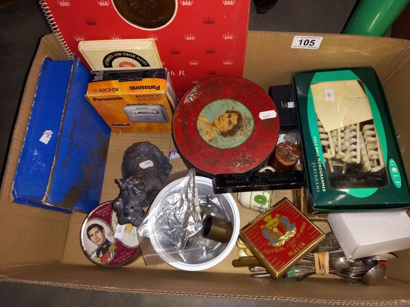 A box of miscellaneous including arrow head, coin tins, Royal Copenhagen dog ( chip to the ear) etc - Image 2 of 2