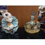 A large china bust of Pierot the clown & a ceramic donkey with clock feature COLLECT ONLY