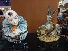 A large china bust of Pierot the clown & a ceramic donkey with clock feature COLLECT ONLY