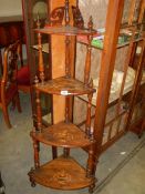 A Victorian mahogany inlaid corner four shelf what not. COLLECT ONLY.