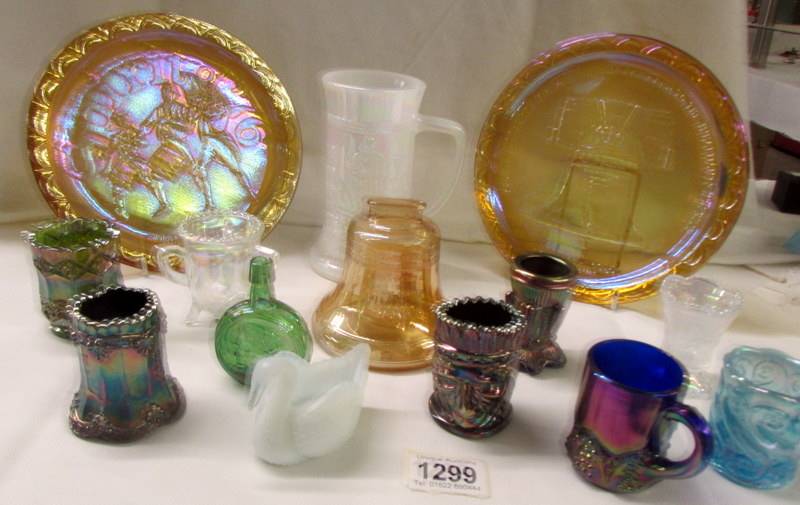 14 pieces of carnival and other glass including rare pieces.