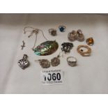3 silver rings, two set with marquasite, a pair of early 20th century pendant earrings & other items