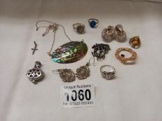 3 silver rings, two set with marquasite, a pair of early 20th century pendant earrings & other items