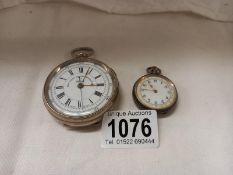 A silver pocket watch and a silver fob watch, both not working.