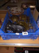 A spelter elephant (trunk A/F) & a quantity of brass including tortoise trinket pots etc.