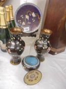 A pair of Cloissonne' vases and three other Cloissonne' items.