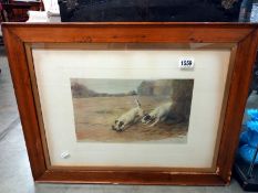 A framed and glazed overpainted engraving of two dogs, signed but indistinct. COLLECT ONLY