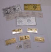 5 gold plated Bank Notes of Great Britain and 3 plated German bank notes.