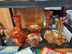 A quantity of orange iridescent carnival glass COLLECT ONLY