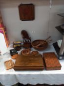 A quantity of wooden items including salad bowl & Seves novelty cigarette box etc.
