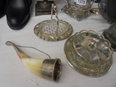 A decorative glass urn on metal base, a jam pot, 2 butter dishes and a horn.