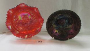 Two carnival glass bowl, (marigold and purple).