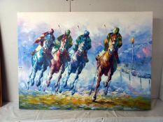 A large signed oil on canvas of race horses. COLLECT ONLY.