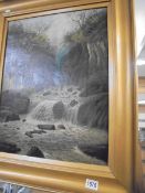 A framed oil on canvas of a waterfall, COLLECT ONLY.