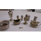 A mixed lot of silver plate condiments, sugar sifter, coaster etc.,