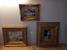 3 over painted prints in ornate gilded frames