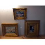 3 over painted prints in ornate gilded frames