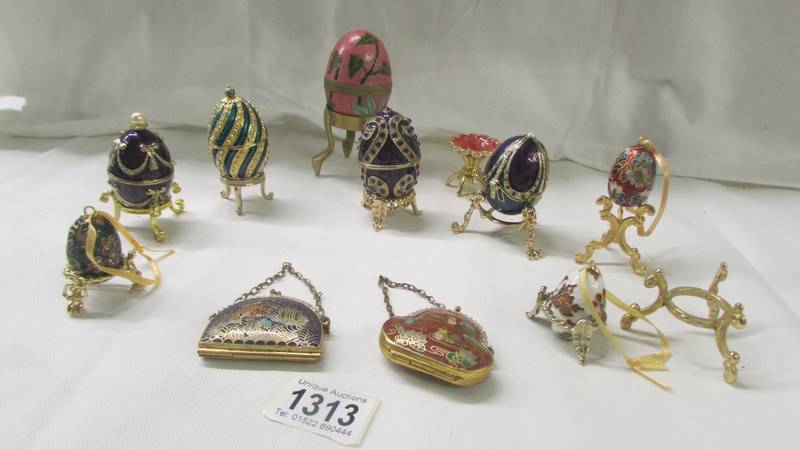 Four decorative egg shaped pill boxes, Cloissonne' egg, 3 egg tree baubles & 2 Cloissonne' purses.