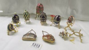 Four decorative egg shaped pill boxes, Cloissonne' egg, 3 egg tree baubles & 2 Cloissonne' purses.