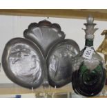 A 20th century Liberty style green glass and pewter decanter & a pewter tray.