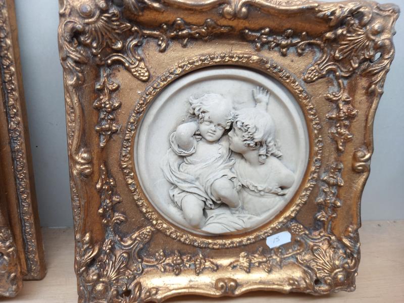 2 gilt framed classical resin plaques of children (28cm x 28cm) - Image 3 of 3