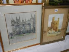 A framed and glazed watercolour of Lincoln Cathedral and one other. COLLECT ONLY.