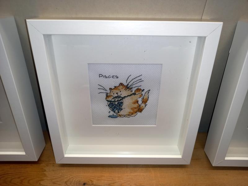 A set of 10 framed & glazed star sign needlework pictures featuring cats - Image 7 of 11