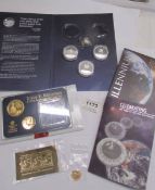 Assorted coins including part moon landing set, Millenium £5 coins, JFK 50th anniversary coin set