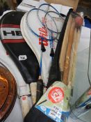 A quantity of tennis, badminton and cricket equipment. COLLECT ONLY