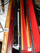 Four snooker cue's in carry case. COLLECT ONLY.