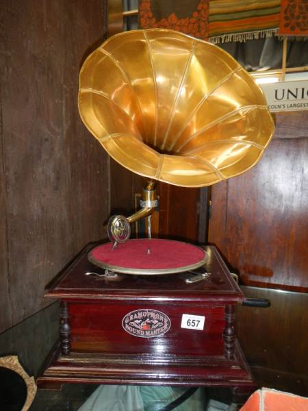 A horn gramaphone with brass horn, COLLECT ONLY.