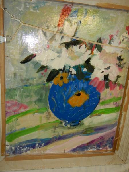 A 20th century British school acrylic on board with monogram 'Blue Nude', verso still life flowers. - Image 3 of 3