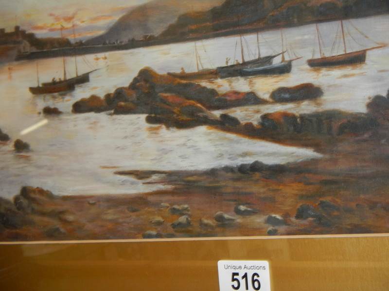 A gilt framed painting of boats. Collect Only. - Image 2 of 2