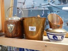 A mixed lot of copper items and a wooden biscuit barrel.