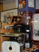 A mixed lot of kitchen items including scales.