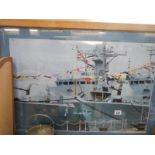A large framed picture of a battle ship. Collect only.